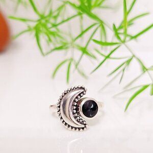 Sterling Silver Crescent Onyx Moon, Beaded Moon, Mandala Moon Ring, 925 Bohemian
